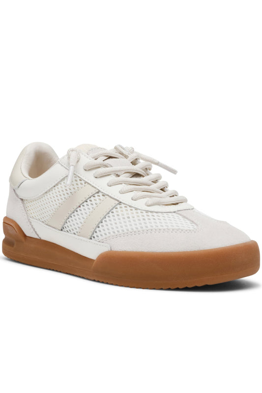 The Steve Madden Verdict White Sneakers combine white mesh, suede accents, and a brown rubber sole for casual style.