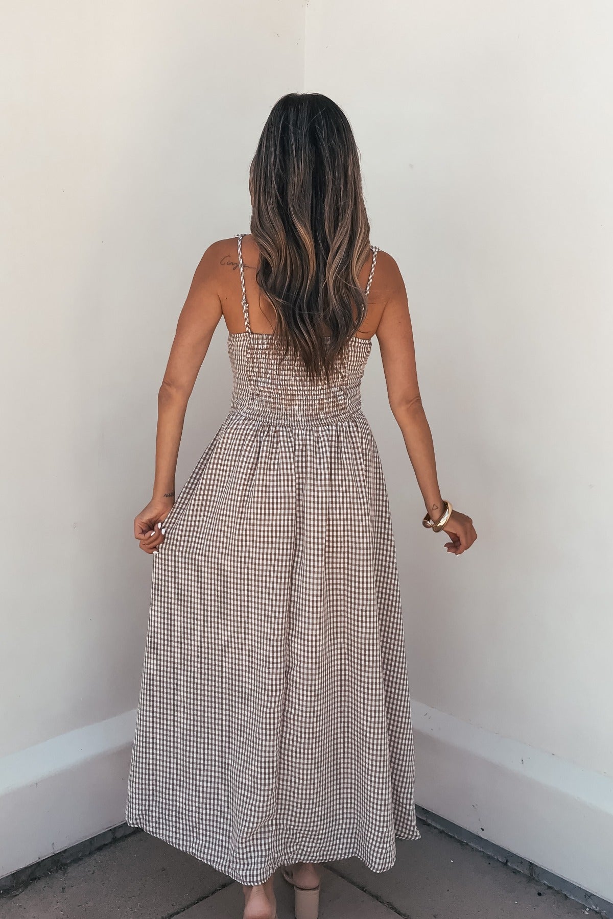 corset waist midi dress Sunfield Gingham Corset Midi Dress