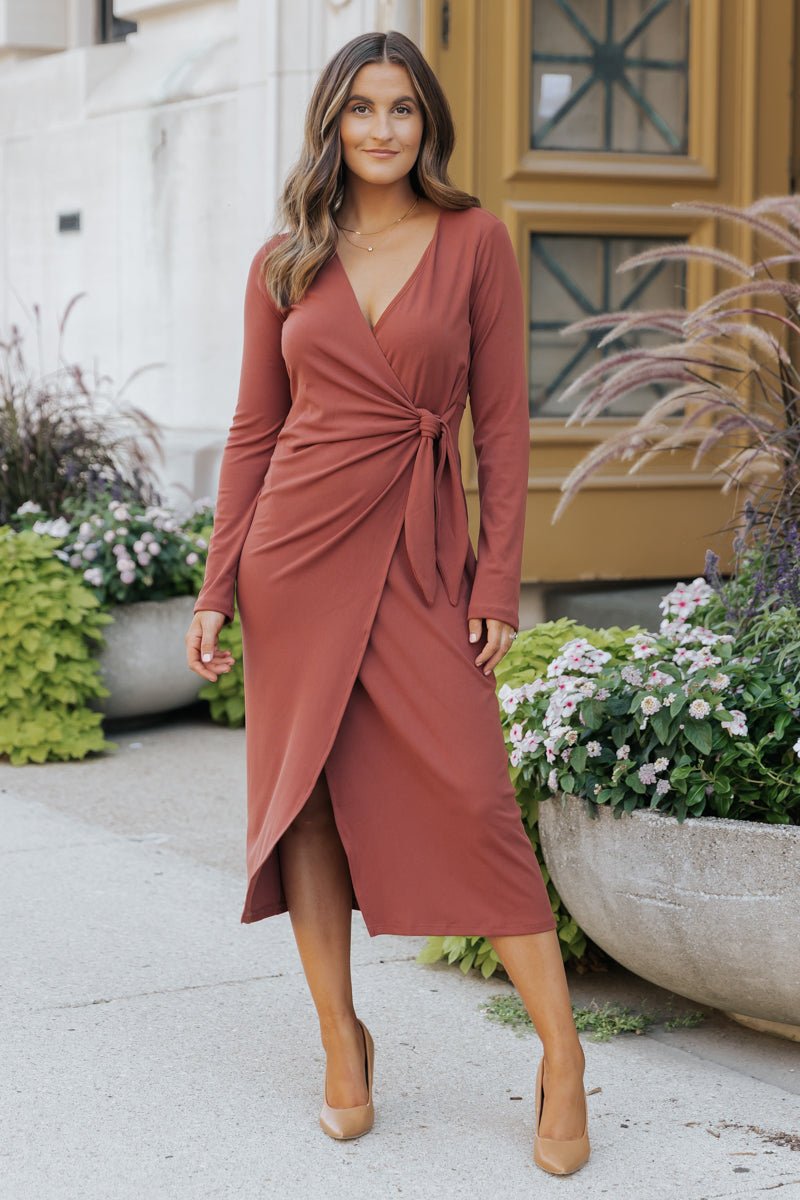 Surplice Ribbed Midi Wrap Dress - Brick - Magnolia Boutique