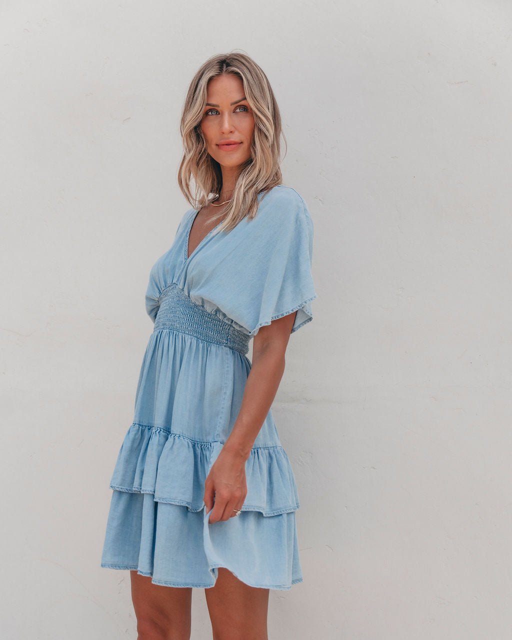 Sylvie Smock Tiered Mini Dress - Chambray - Magnolia Boutique