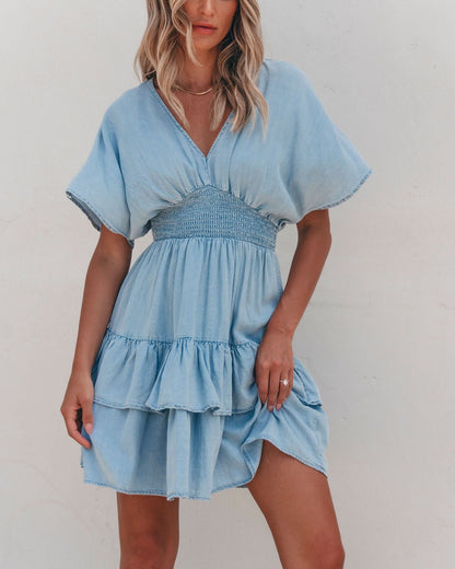 Sylvie Smock Tiered Mini Dress - Chambray - Magnolia Boutique