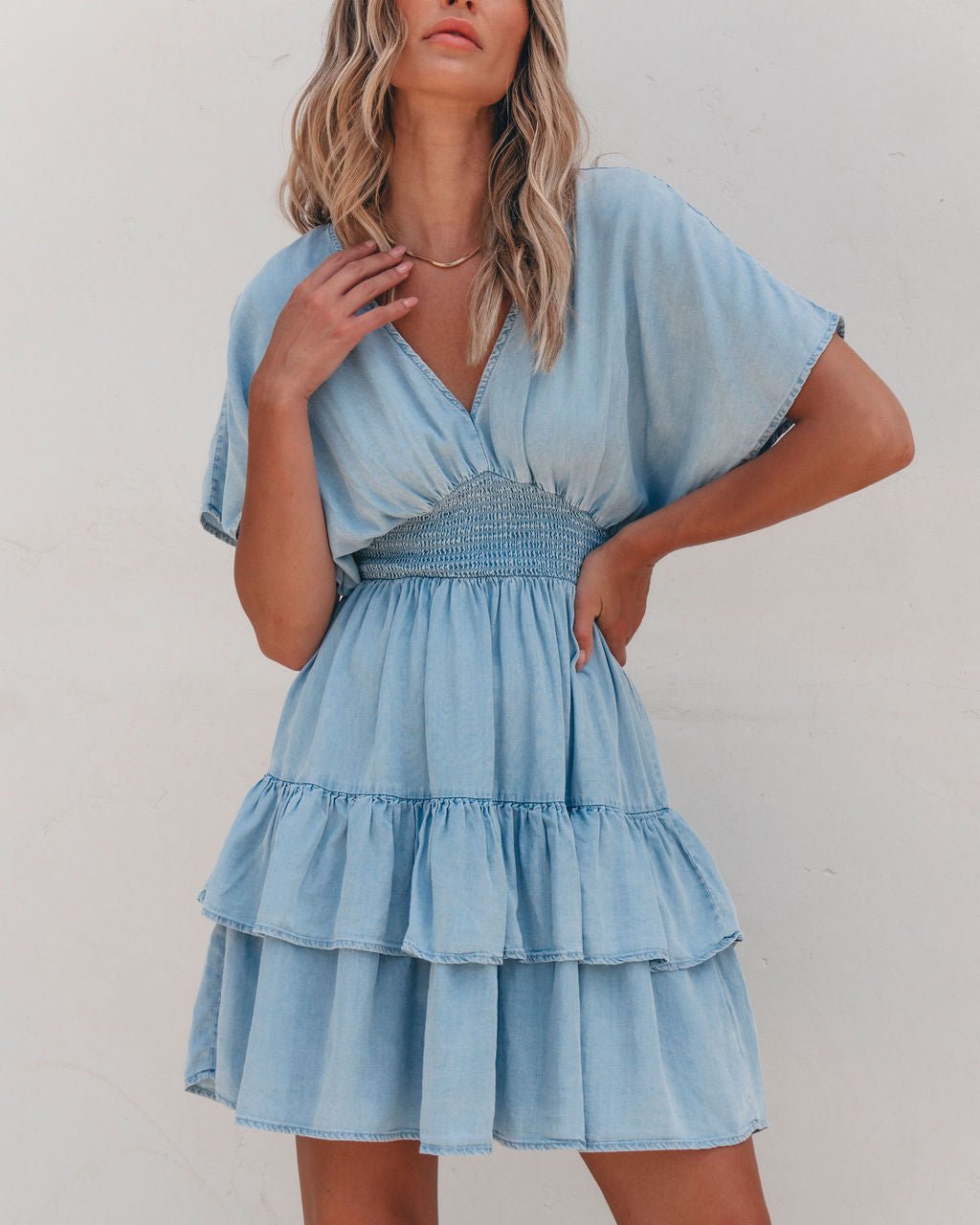 Sylvie Smock Tiered Mini Dress - Chambray - Magnolia Boutique