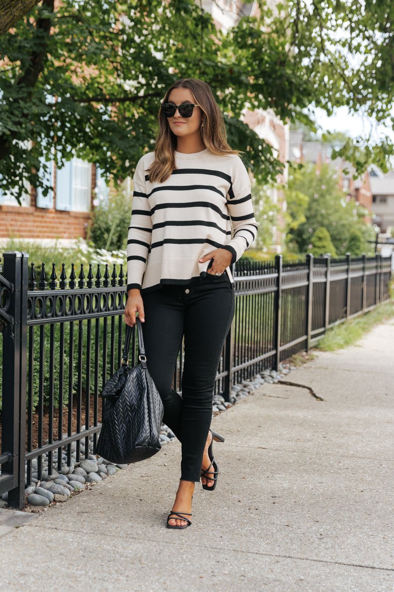 Tan and Black Striped Sweater - Magnolia Boutique