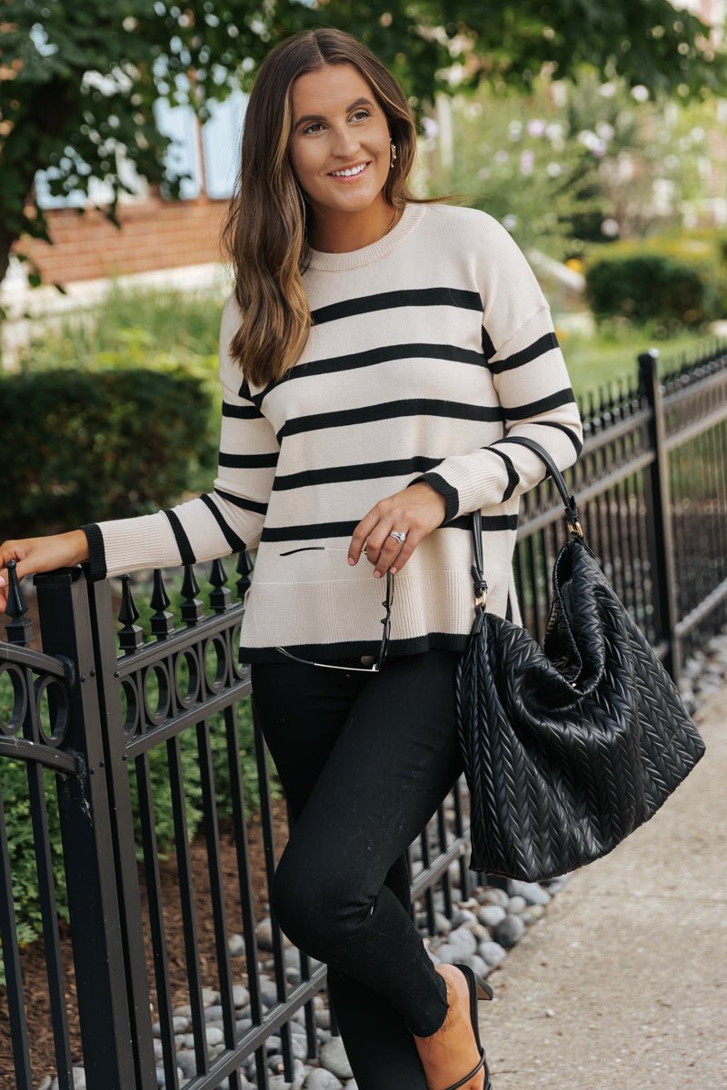 Tan and Black Striped Sweater - Magnolia Boutique