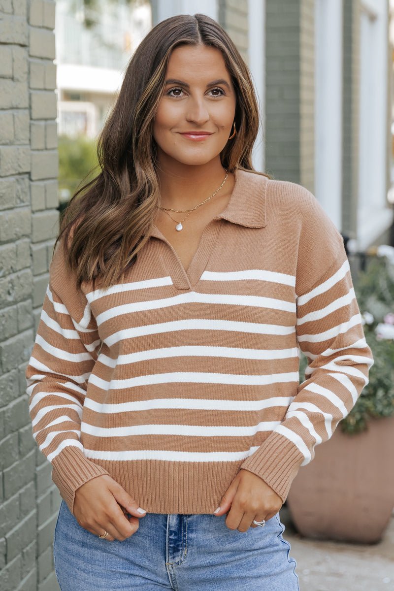 Tan and Cream Striped Pullover Sweater - Magnolia Boutique