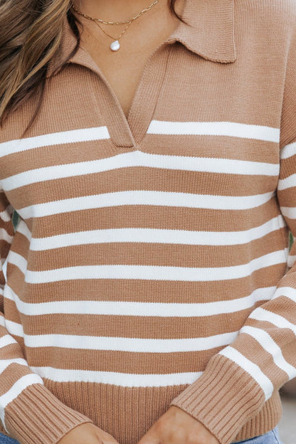 Tan and Cream Striped Pullover Sweater - Magnolia Boutique