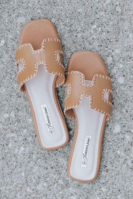 Tan Crochet Faux Leather Slide Sandals - Magnolia Boutique