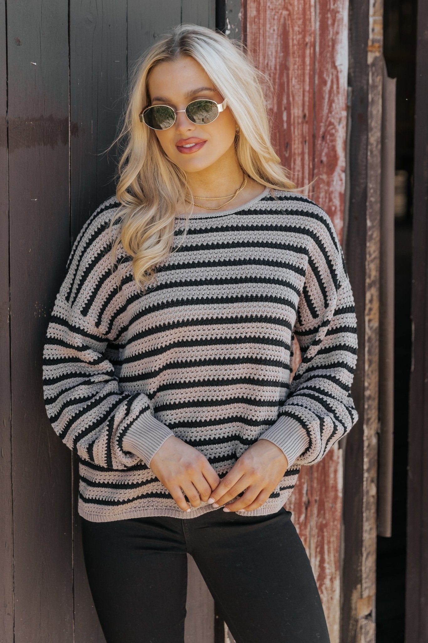 Taupe and Black Striped Pullover Sweater - Magnolia Boutique