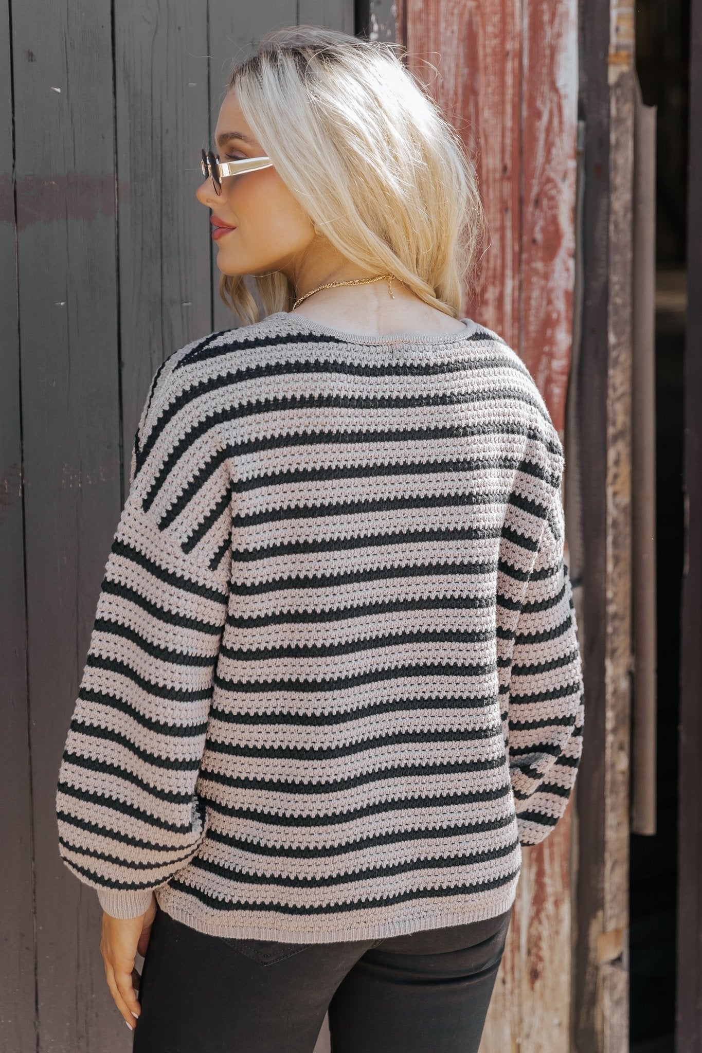 Taupe and Black Striped Pullover Sweater - Magnolia Boutique