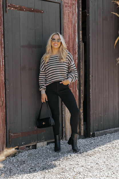 Taupe and Black Striped Pullover Sweater - Magnolia Boutique