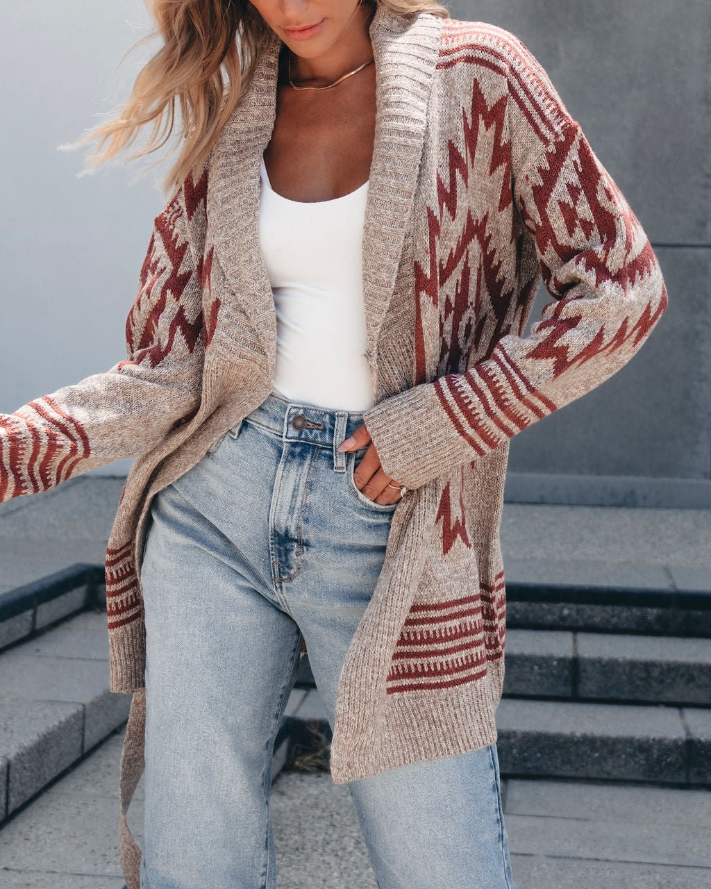 Taupe Aztec Belted Cardigan - Magnolia Boutique