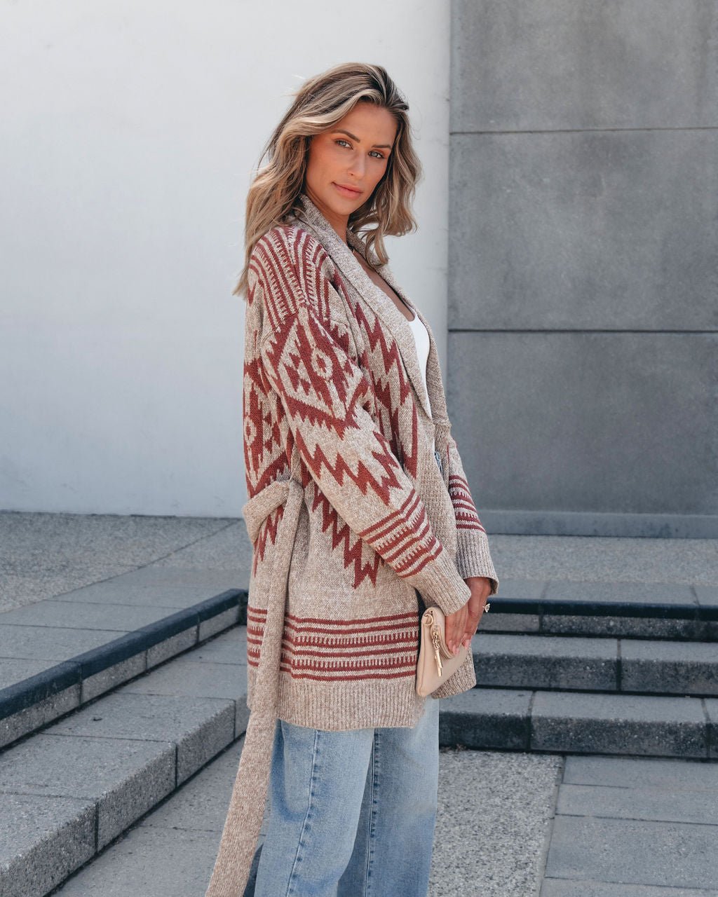 Taupe Aztec Belted Cardigan - Magnolia Boutique