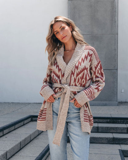 Taupe Aztec Belted Cardigan - Magnolia Boutique