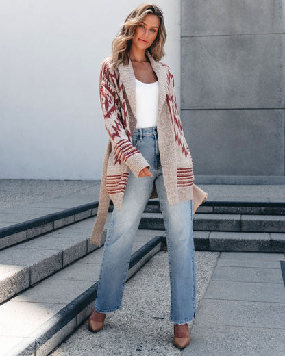 Taupe Aztec Belted Cardigan - Magnolia Boutique