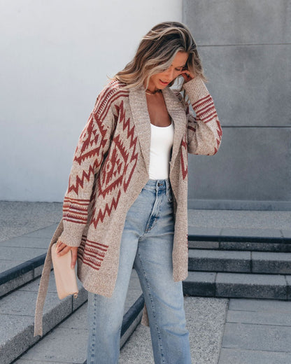 Taupe Aztec Belted Cardigan - Magnolia Boutique