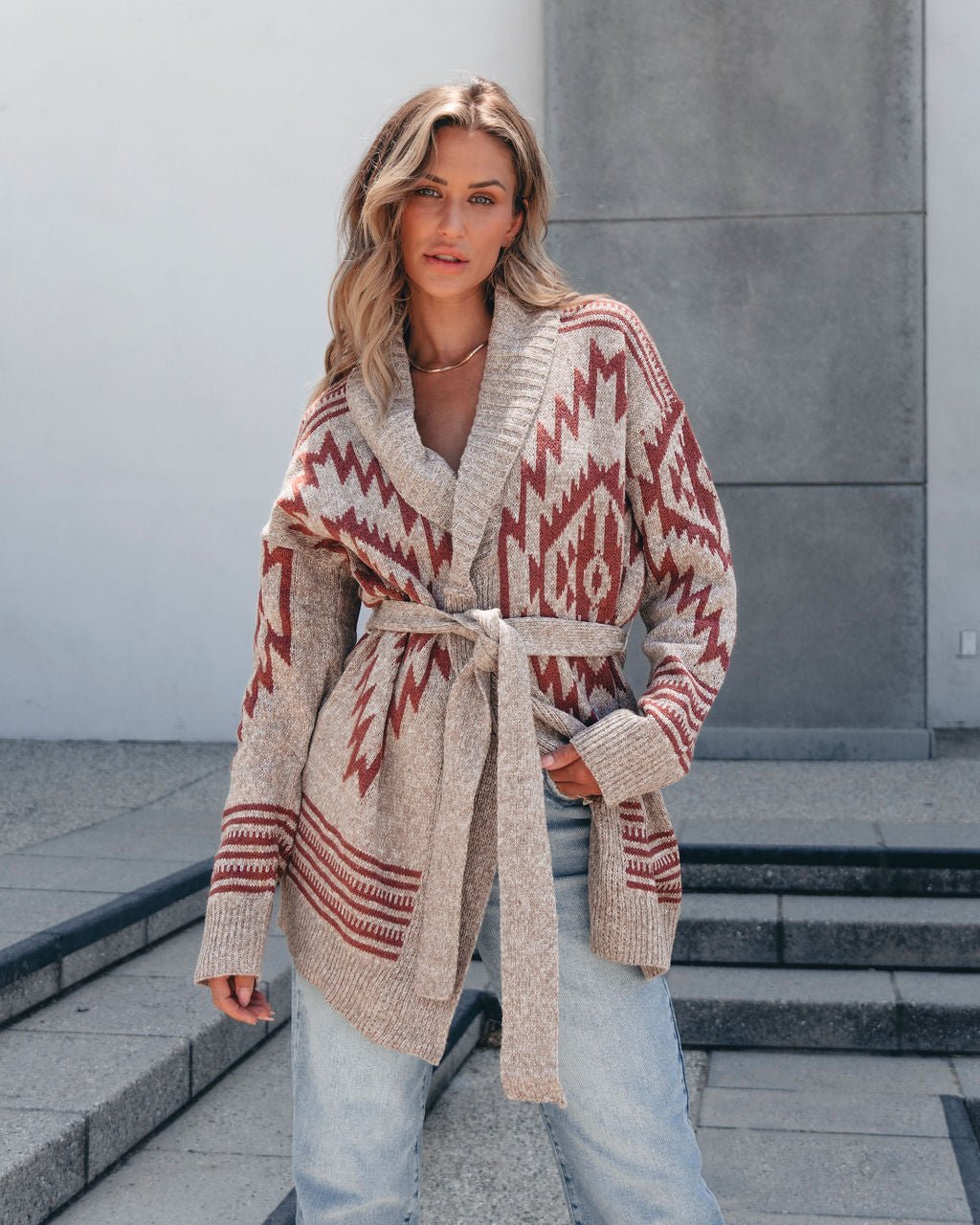 Taupe Aztec Belted Cardigan - Magnolia Boutique