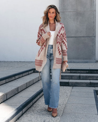 Taupe Aztec Belted Cardigan - Magnolia Boutique