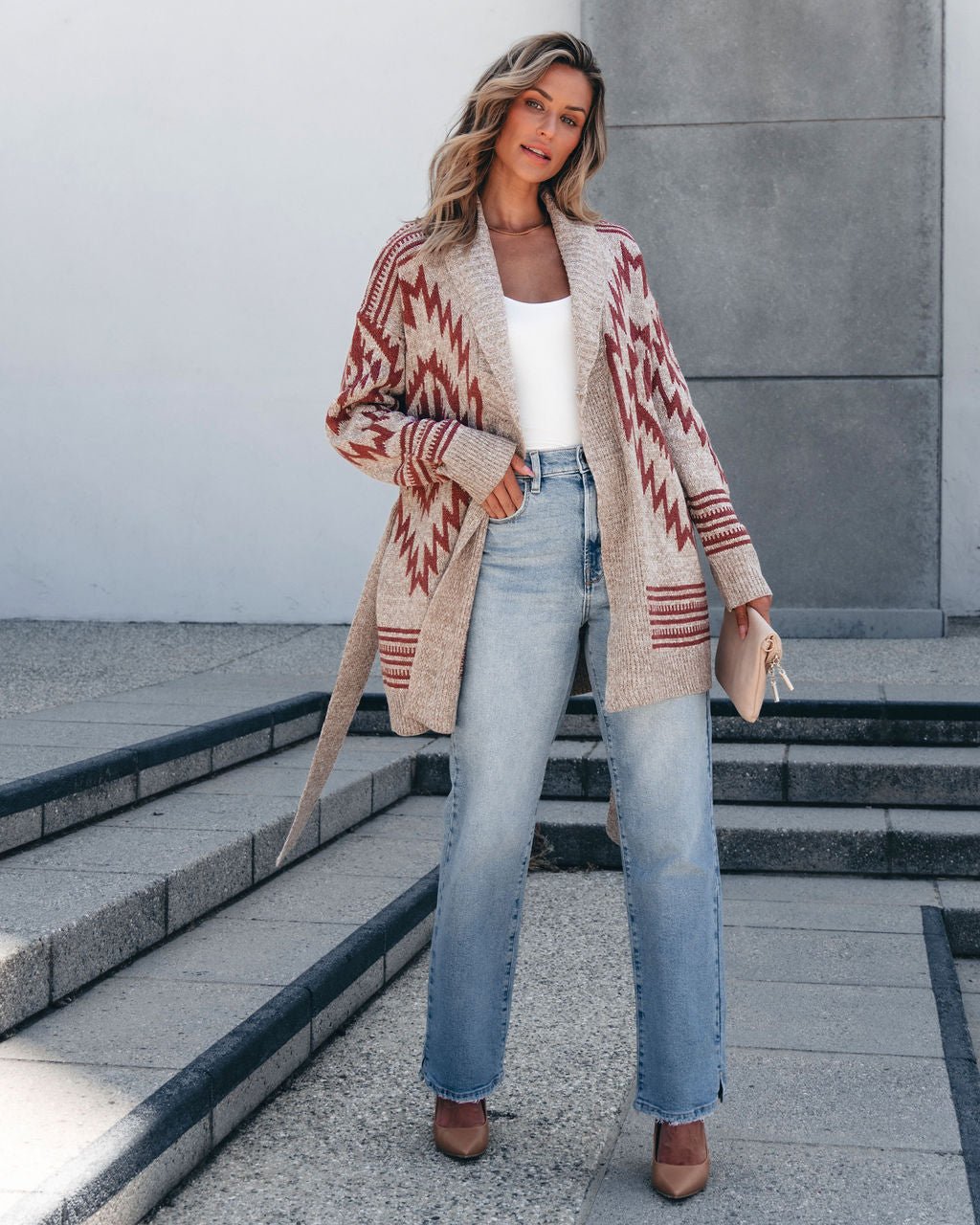 Taupe Aztec Belted Cardigan - Magnolia Boutique