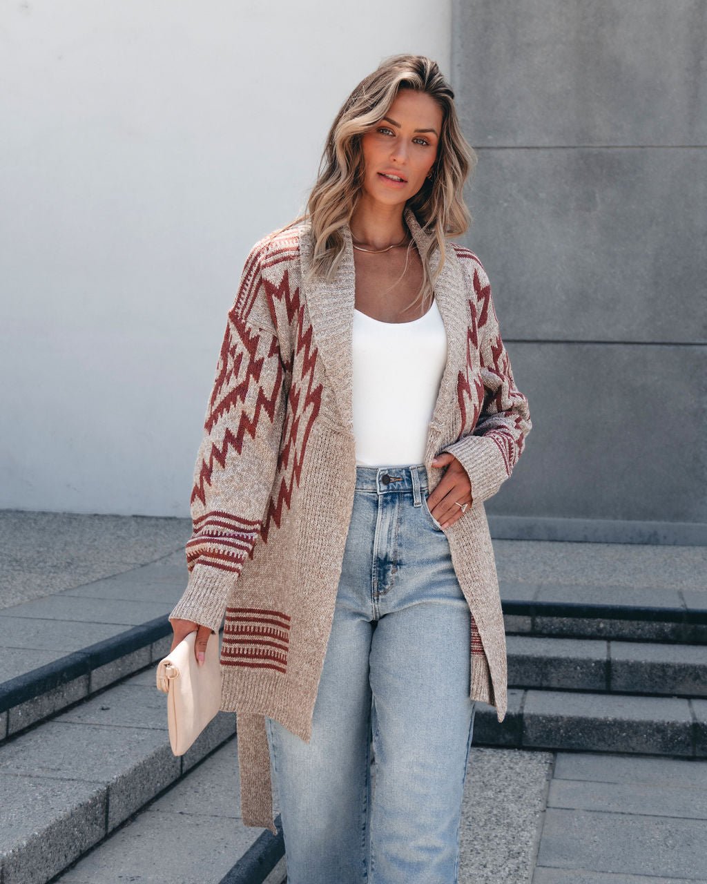 Taupe Aztec Belted Cardigan - Magnolia Boutique