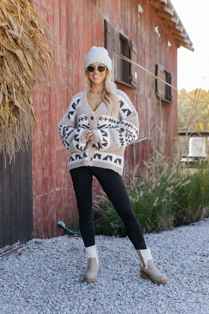 Taupe Aztec Print Buttoned Cardigan - Magnolia Boutique