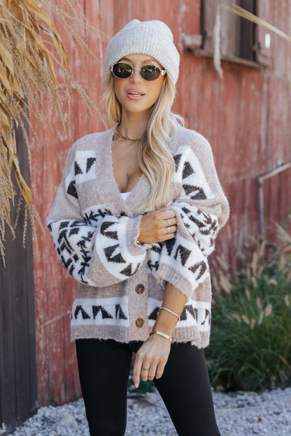 Taupe Aztec Print Buttoned Cardigan - Magnolia Boutique