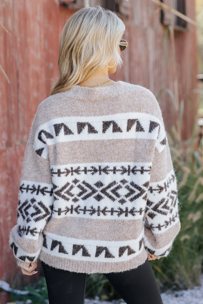 Taupe Aztec Print Buttoned Cardigan - Magnolia Boutique