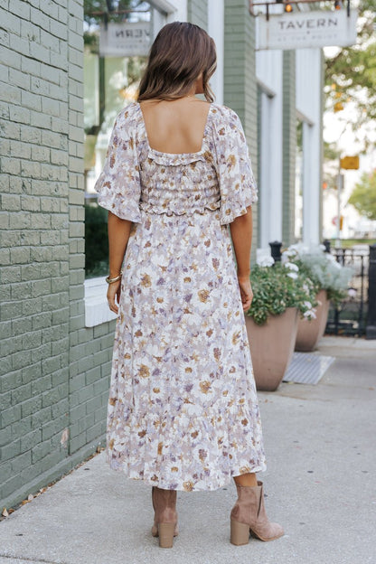 Taupe Floral Print Ruffle Sleeve Midi Dress - Magnolia Boutique