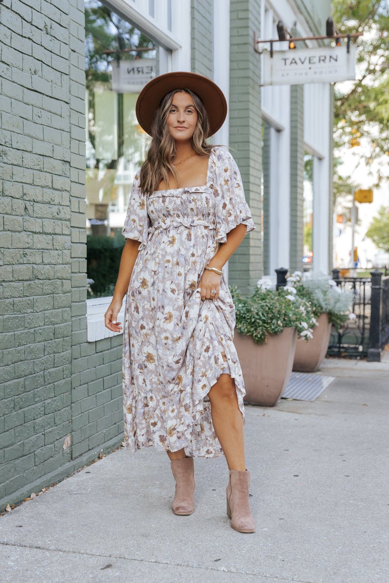 Taupe Floral Print Ruffle Sleeve Midi Dress - Magnolia Boutique