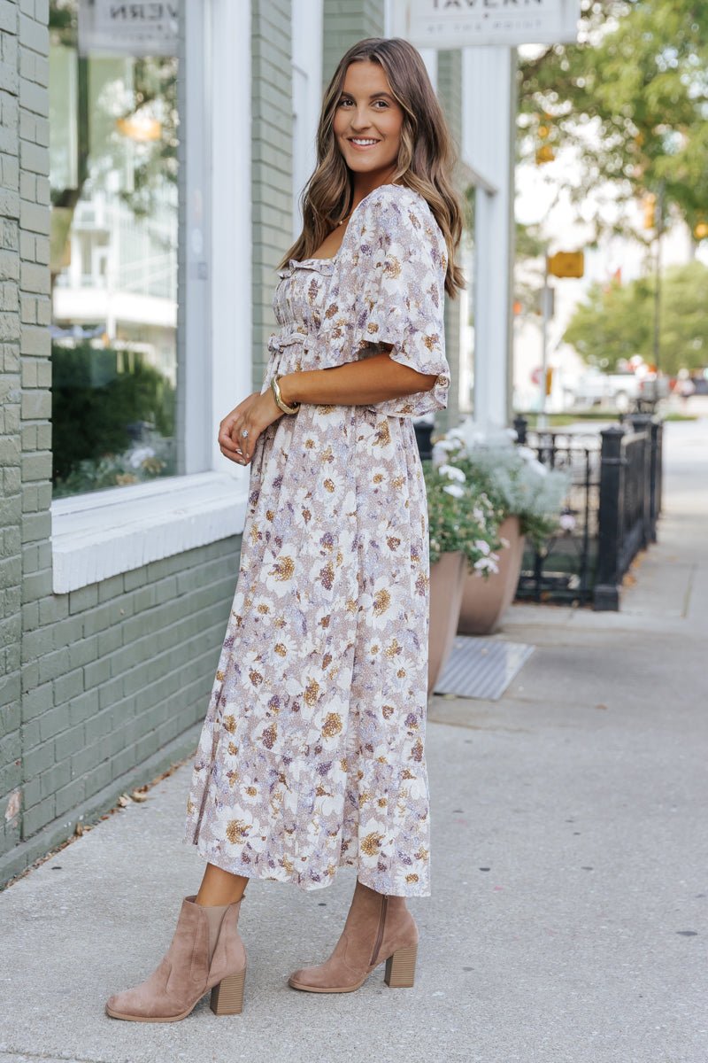 Taupe Floral Print Ruffle Sleeve Midi Dress - Magnolia Boutique