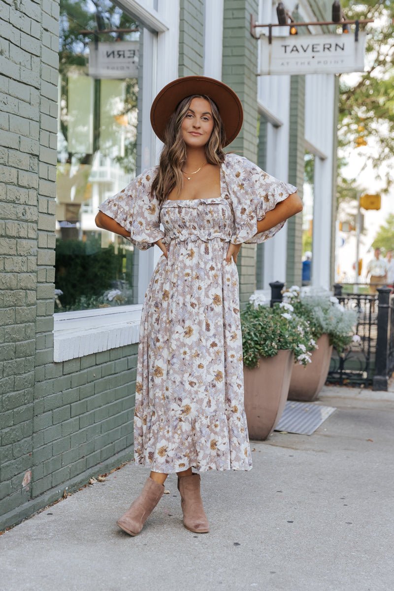 Taupe Floral Print Ruffle Sleeve Midi Dress - Magnolia Boutique