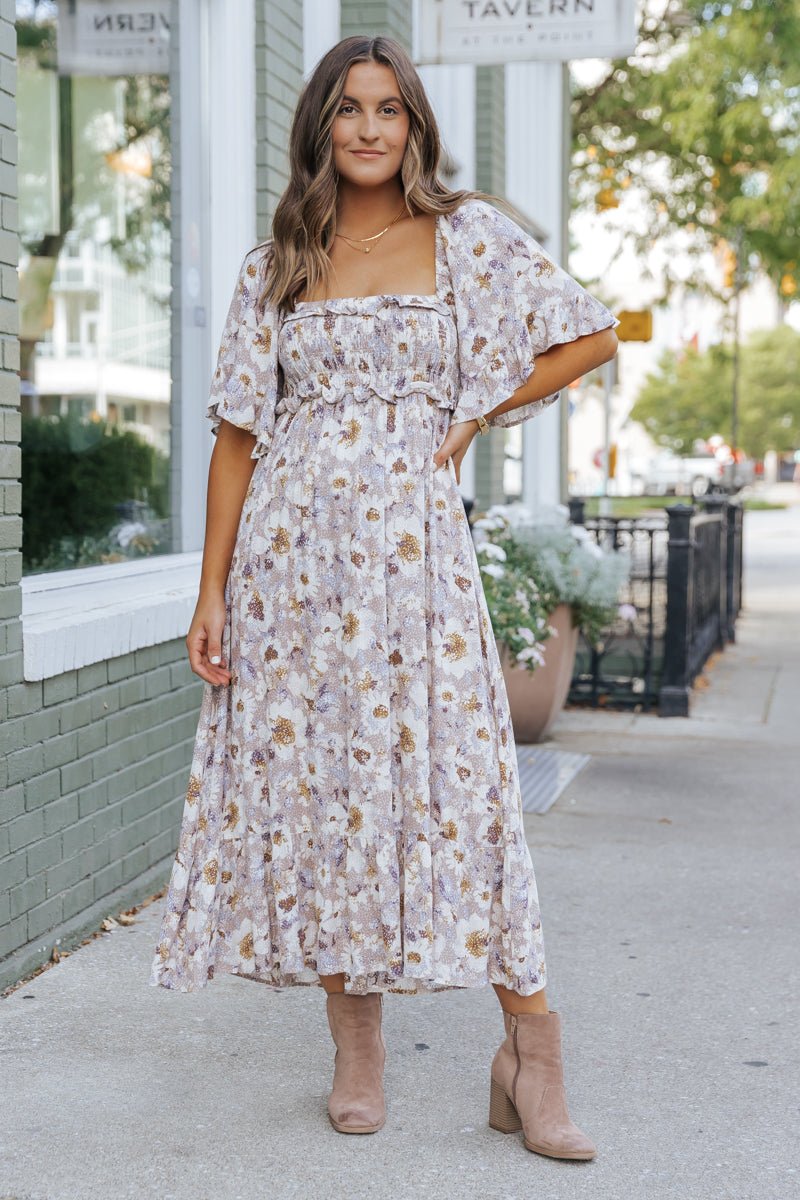 Taupe Floral Print Ruffle Sleeve Midi Dress - Magnolia Boutique