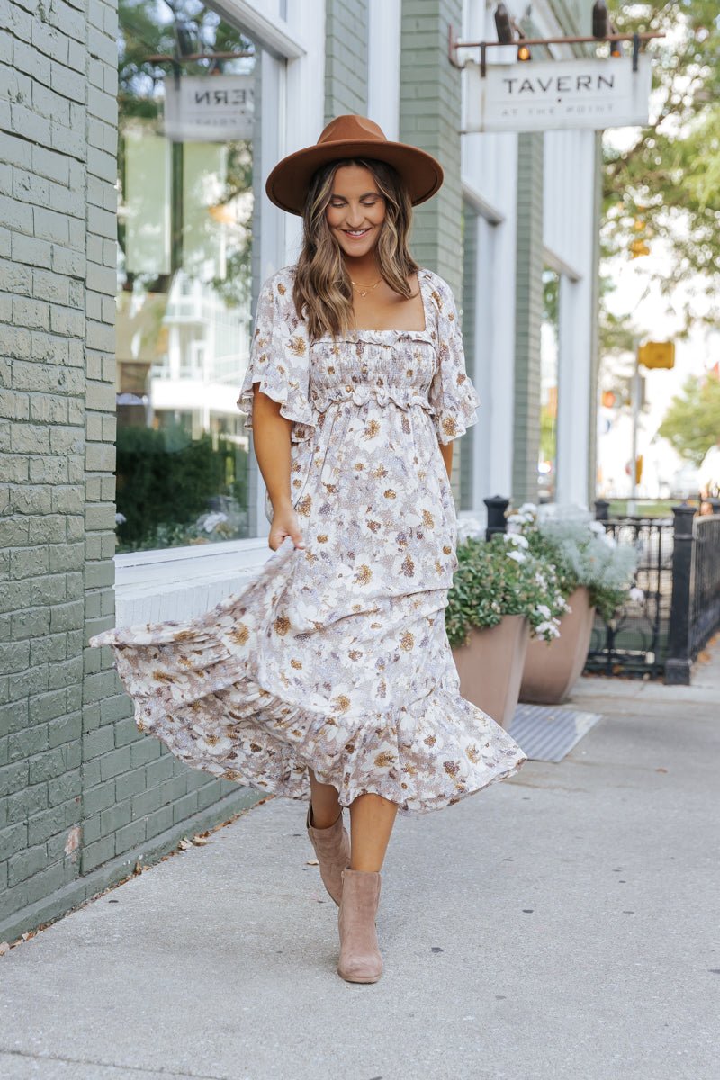 Taupe Floral Print Ruffle Sleeve Midi Dress - Magnolia Boutique