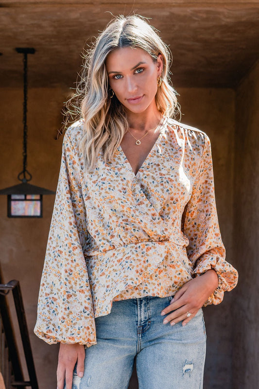 Taupe Floral Print Surplice Top - Magnolia Boutique