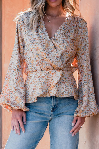 Taupe Floral Print Surplice Top - Magnolia Boutique