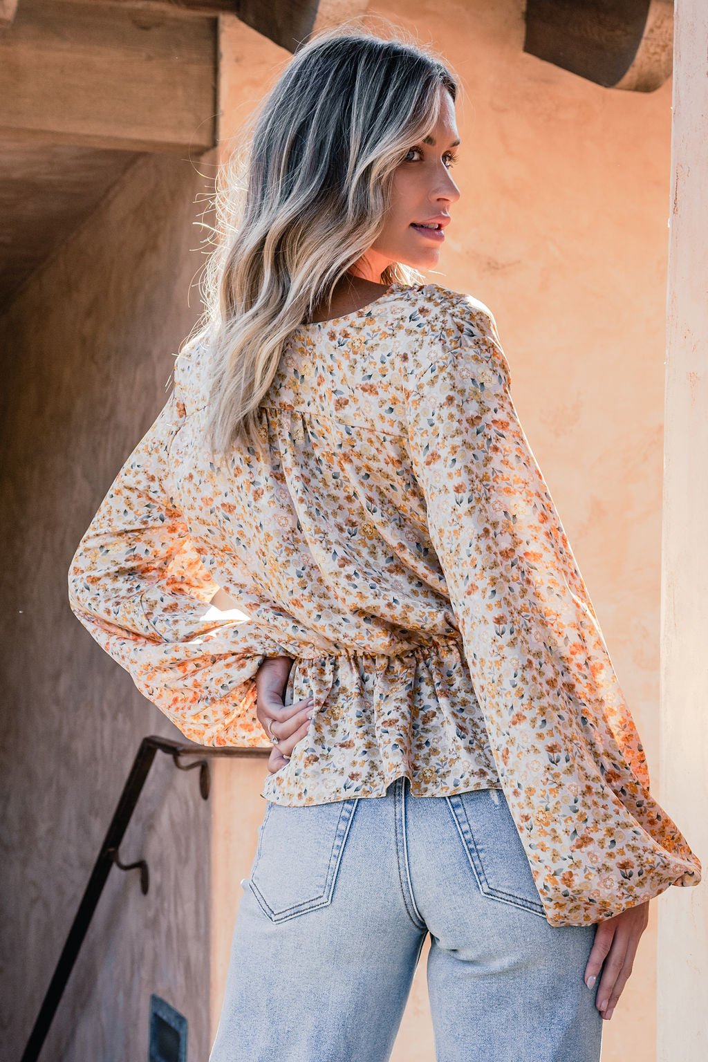 Taupe Floral Print Surplice Top - Magnolia Boutique