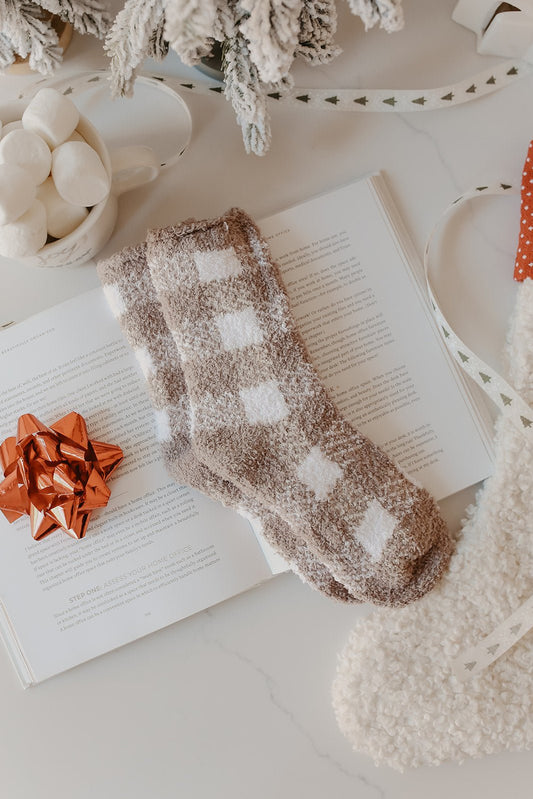 Taupe Gingham Plaid Fuzzy Socks - Magnolia Boutique