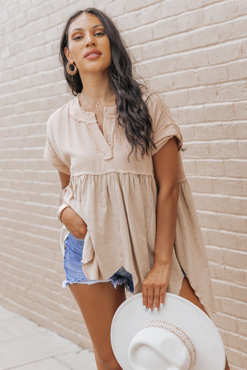 Taupe Handkerchief Hem Babydoll Top - Magnolia Boutique