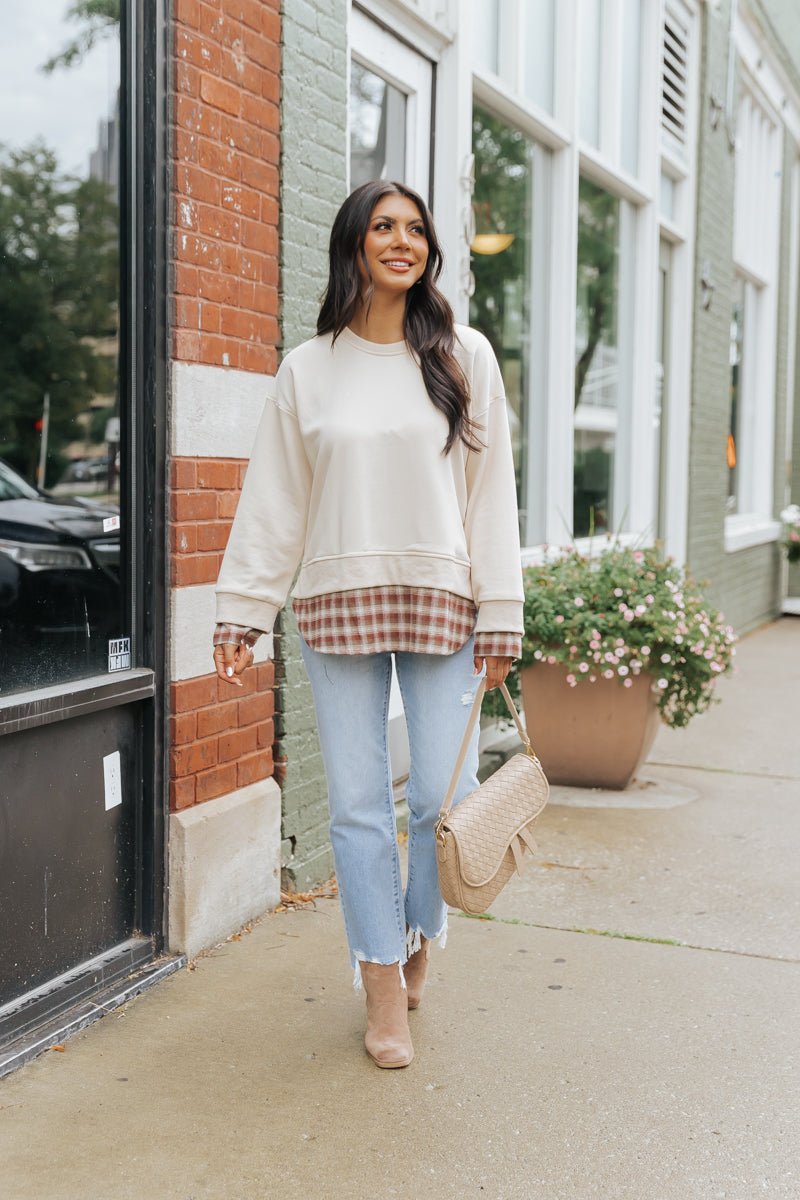 Taupe Plaid French Terry Sweatshirt - Magnolia Boutique