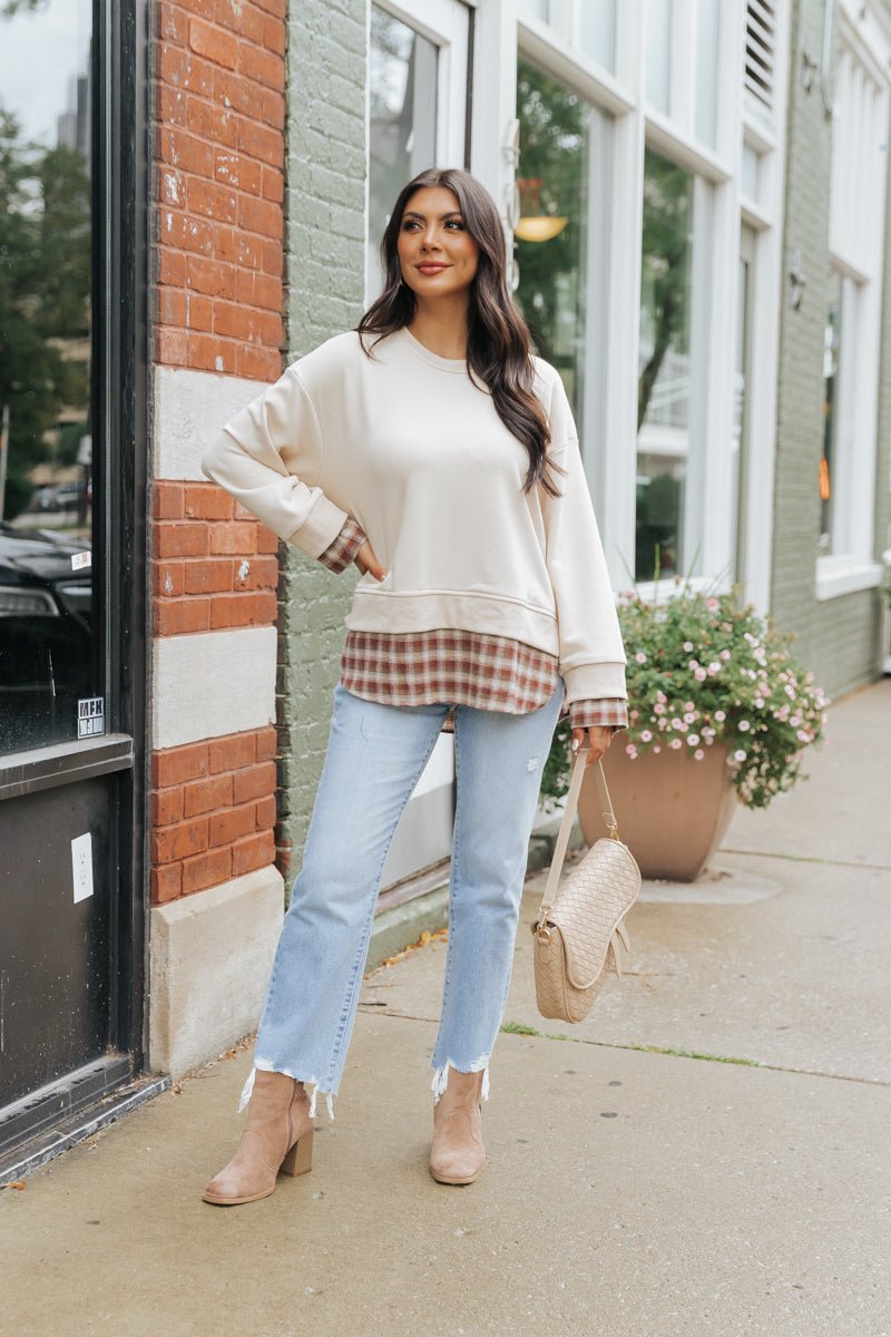 Taupe Plaid French Terry Sweatshirt - Magnolia Boutique