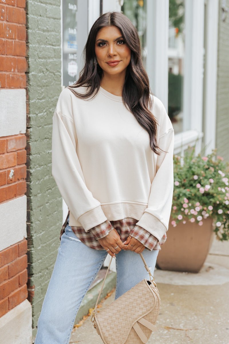 Taupe Plaid French Terry Sweatshirt - Magnolia Boutique