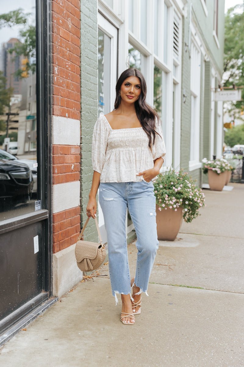 Taupe Print Babydoll Top - Magnolia Boutique