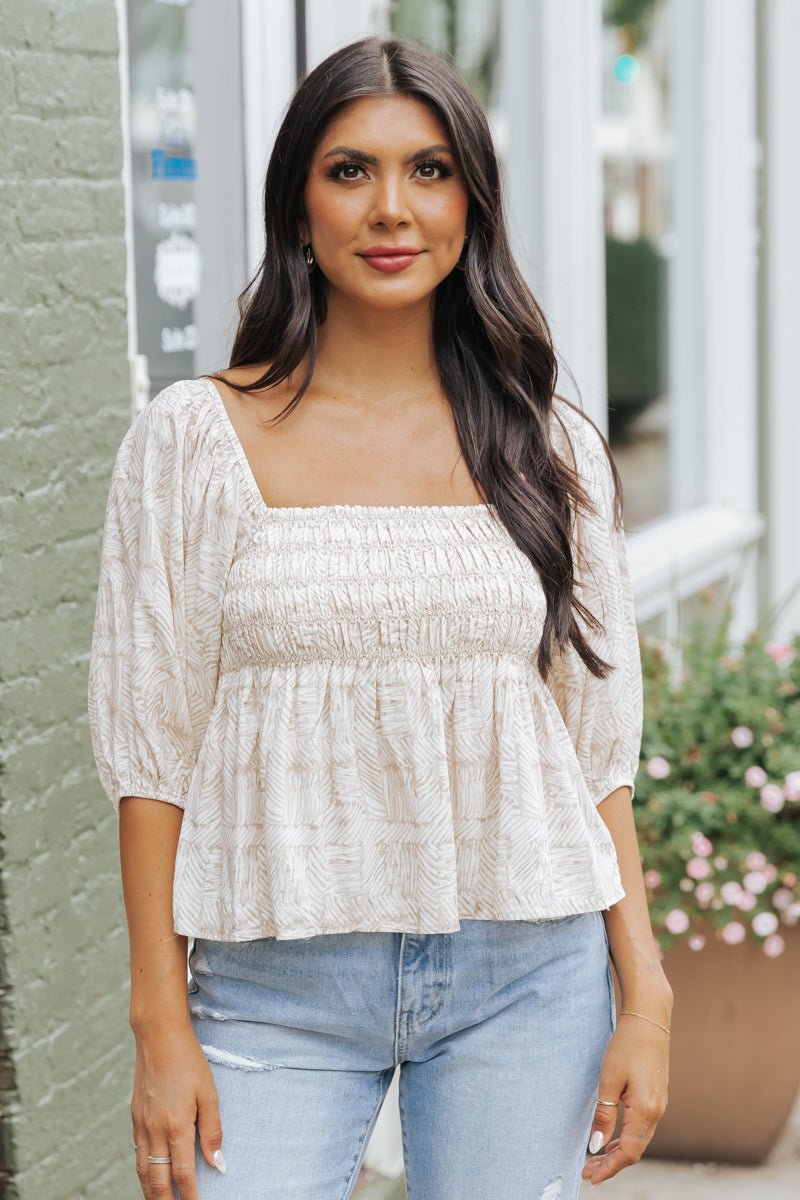 Taupe Print Babydoll Top - Magnolia Boutique