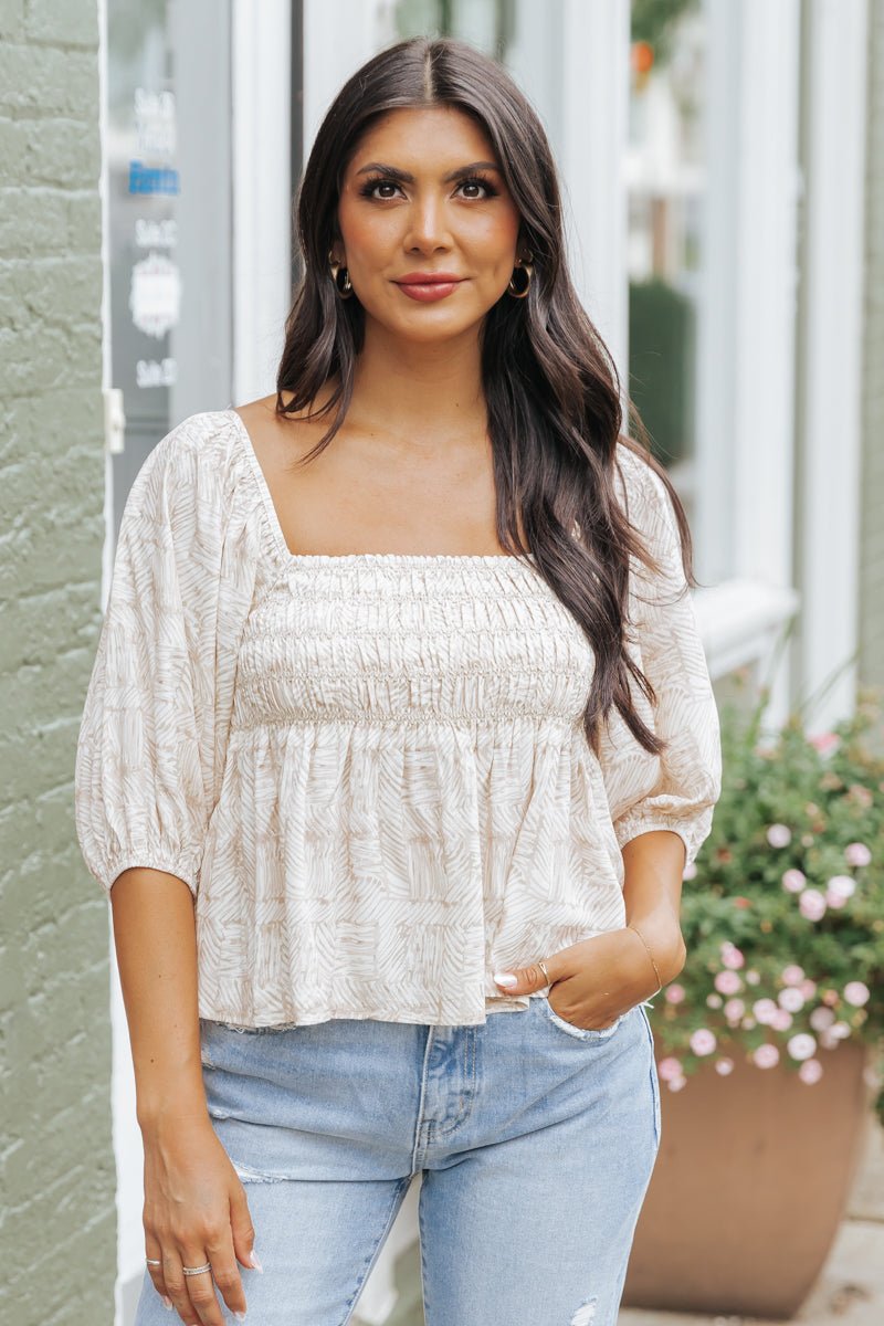 Taupe Print Babydoll Top - Magnolia Boutique