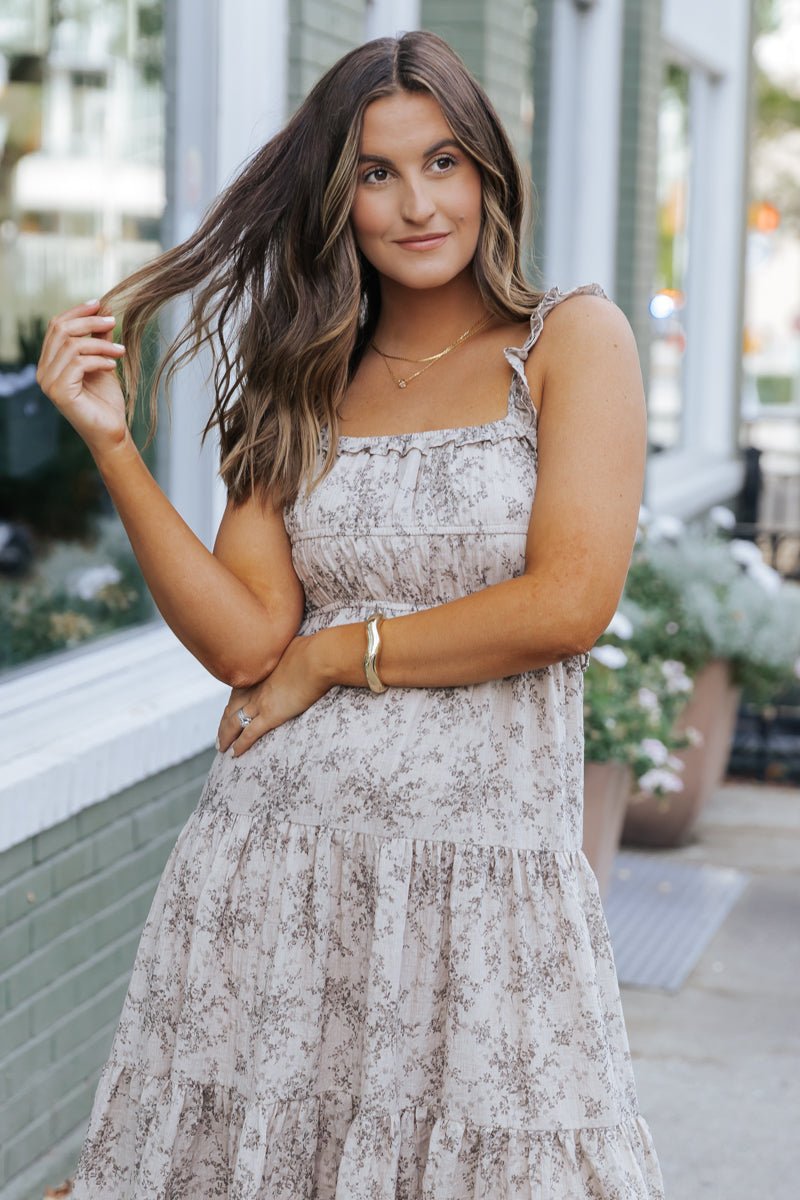 Taupe Print Tiered Midi Dress | Pre Order - Magnolia Boutique