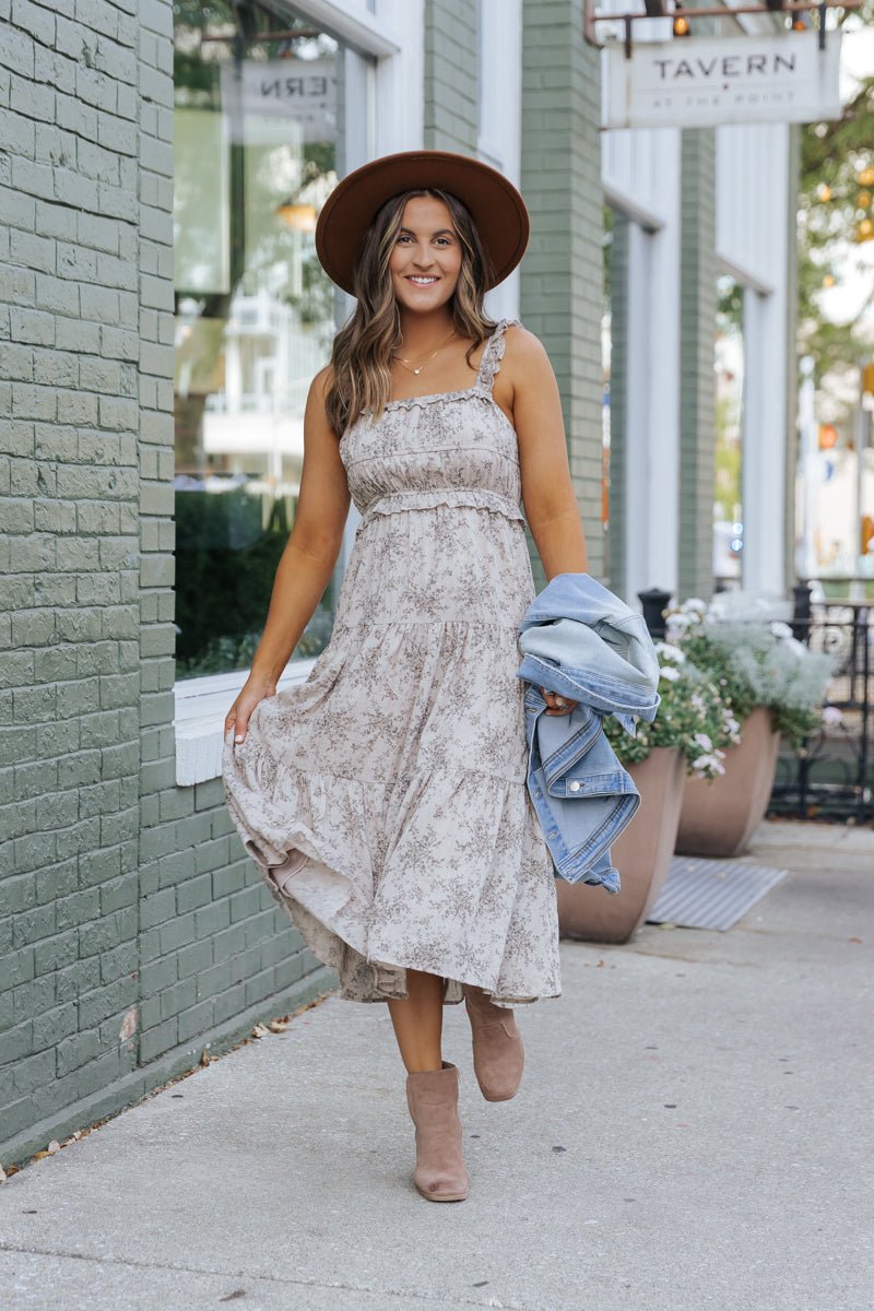 Taupe Print Tiered Midi Dress | Pre Order - Magnolia Boutique