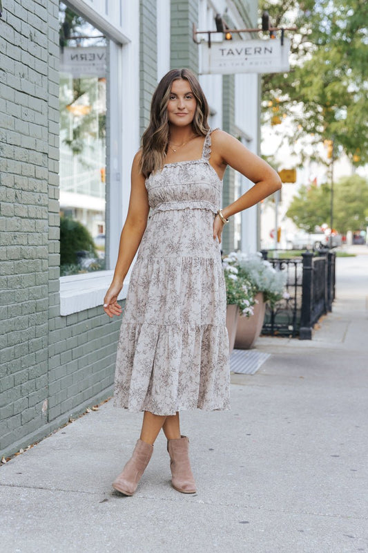 Taupe Print Tiered Midi Dress | Pre Order - Magnolia Boutique