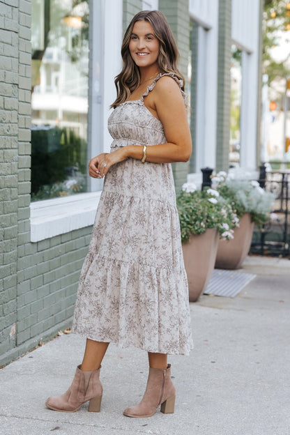 Taupe Print Tiered Midi Dress | Pre Order - Magnolia Boutique