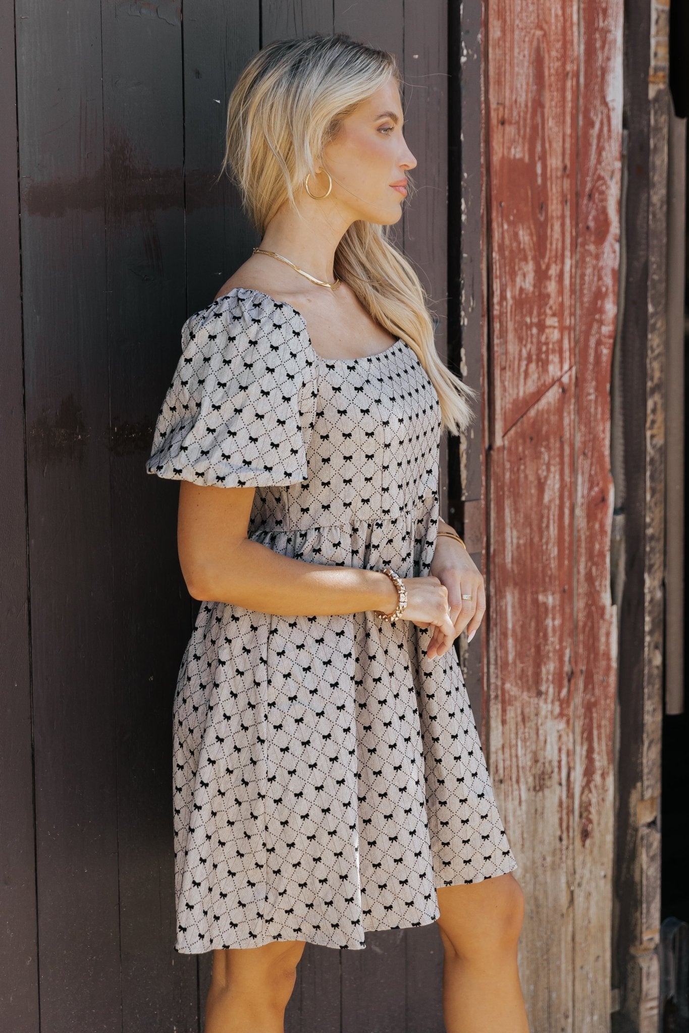 Taupe Puff Sleeve Bow Print Mini Dress - Magnolia Boutique