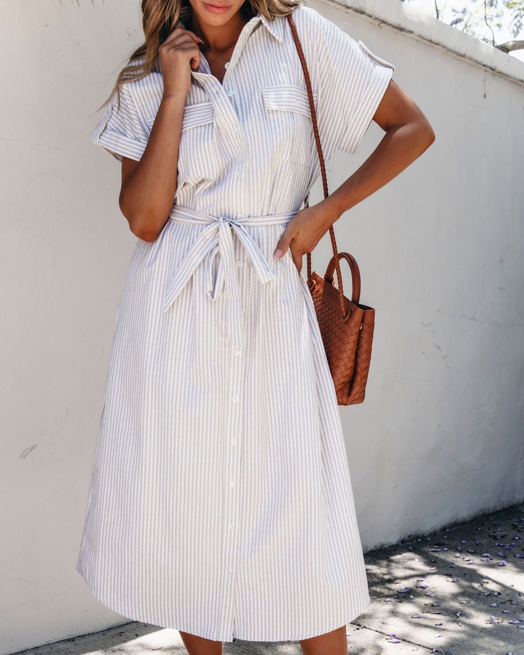 Taupe Stripe Belted Midi Dress - Magnolia Boutique