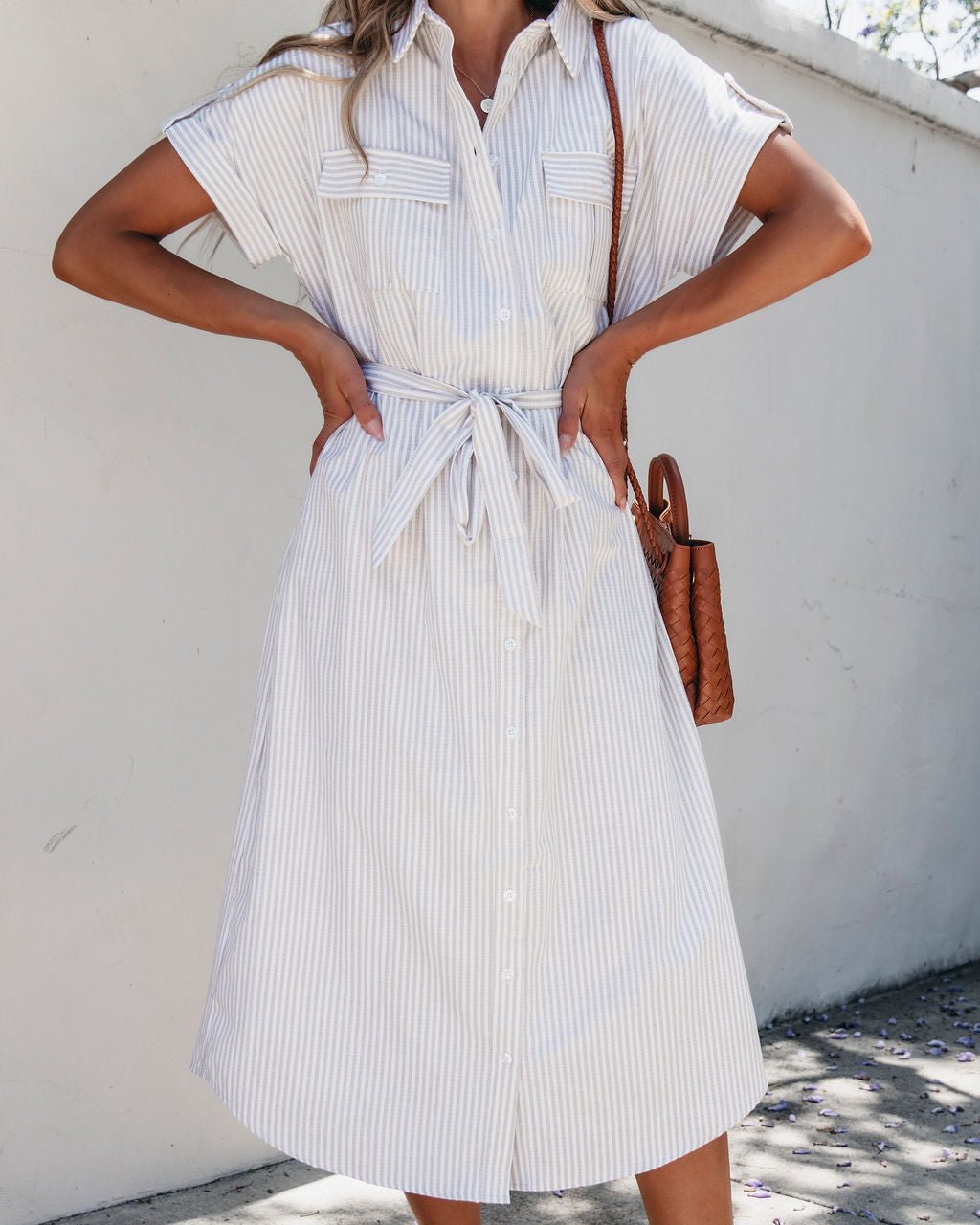 Taupe Stripe Belted Midi Dress - Magnolia Boutique